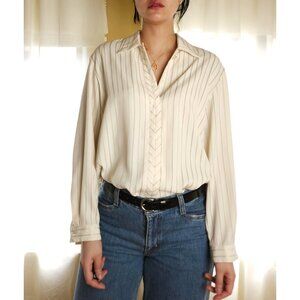 Vintage classic collared cream striped loose fit button down blouse women M/